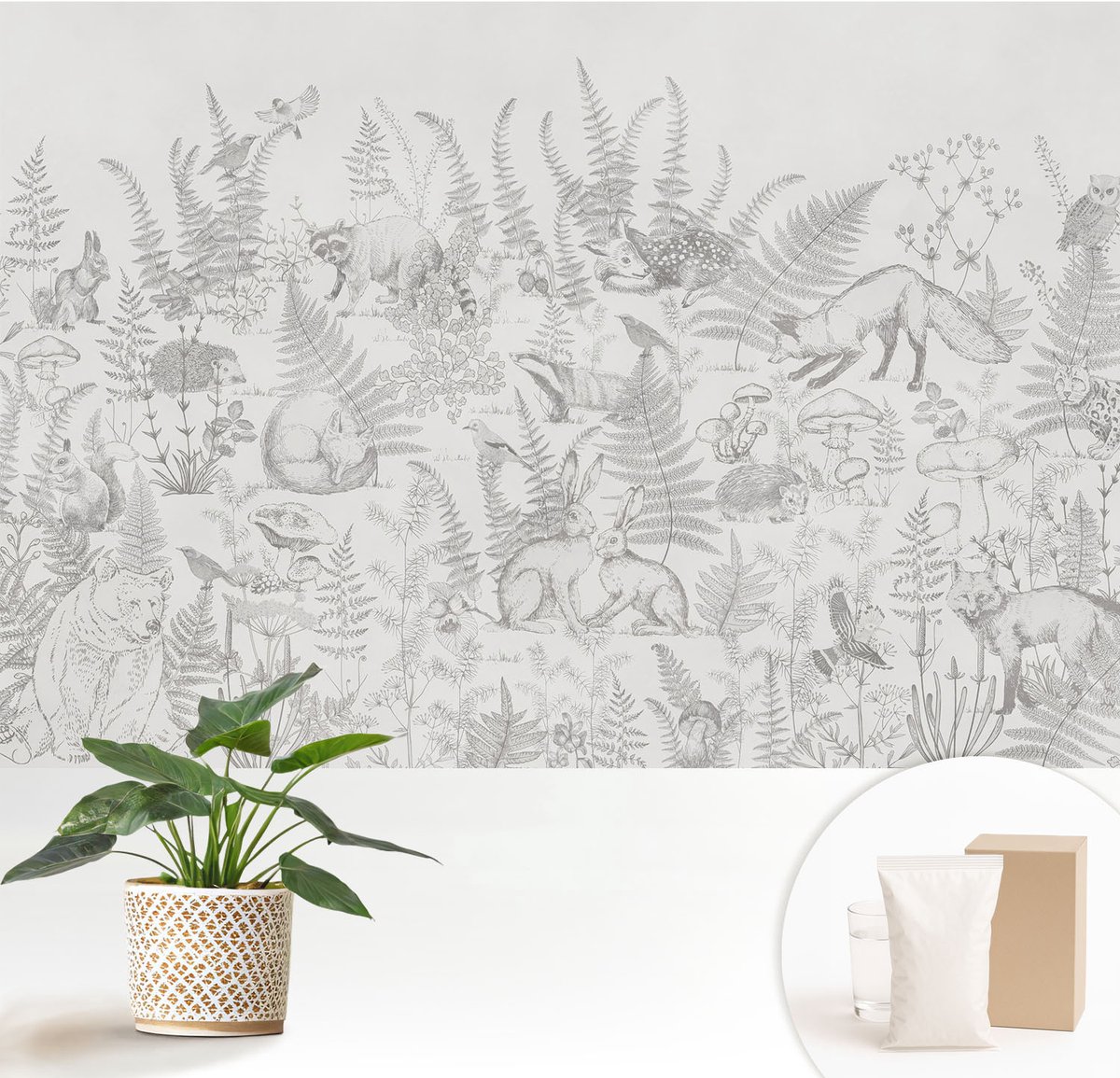 Wallfluent Fotobehang - Grijs Vliesbehang - 152x104 cm - Bosdieren Fotobehang Vlies - Hal behang Dieren - Muurschildering - Woonkamer behang