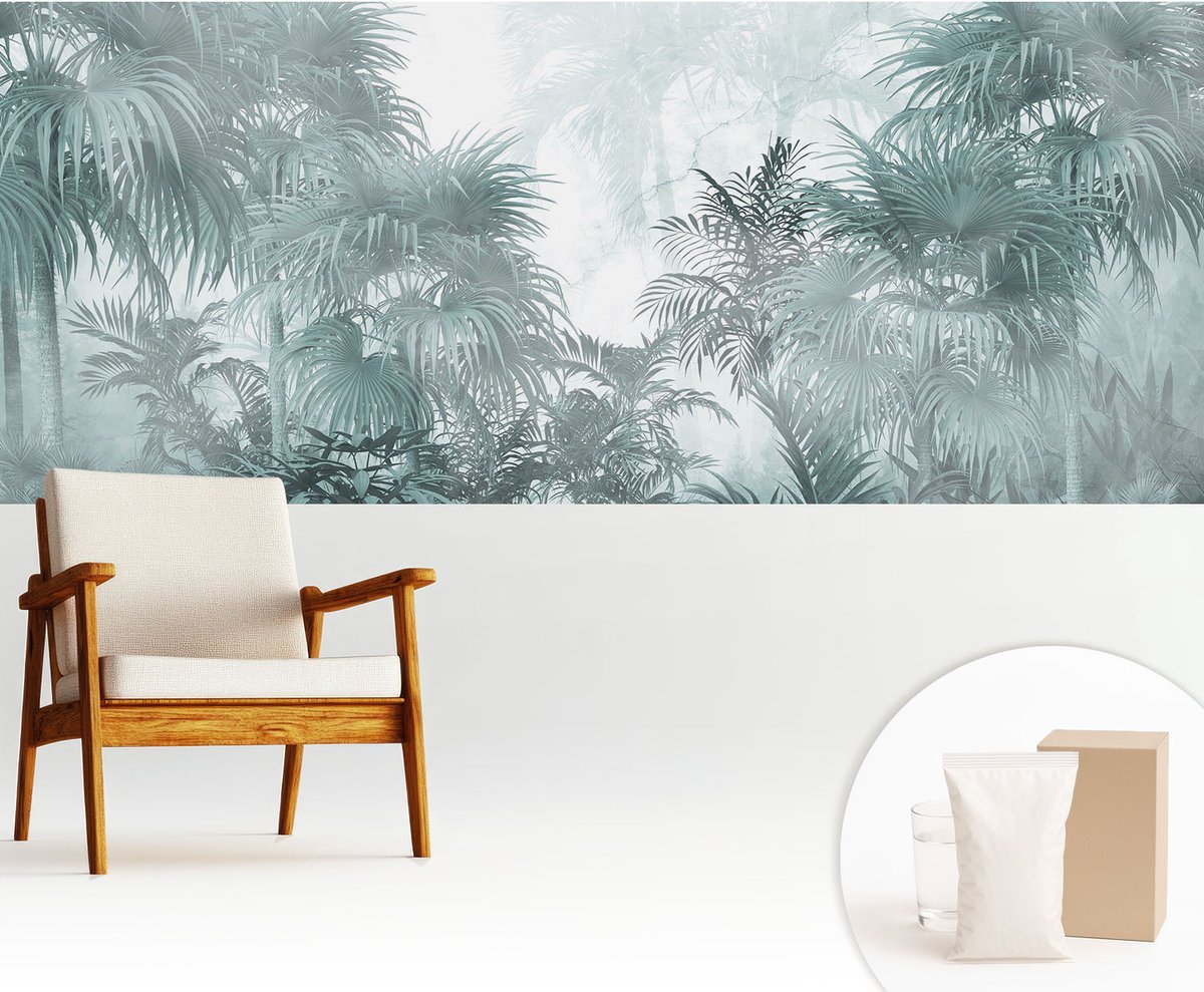 Wallfluent Fotobehang - Blauw Vliesbehang - 250x104 cm - Exotisch Groen Muurschildering - Gang behang Bloemen En Planten - Fotobehang Vlies - Gang behang