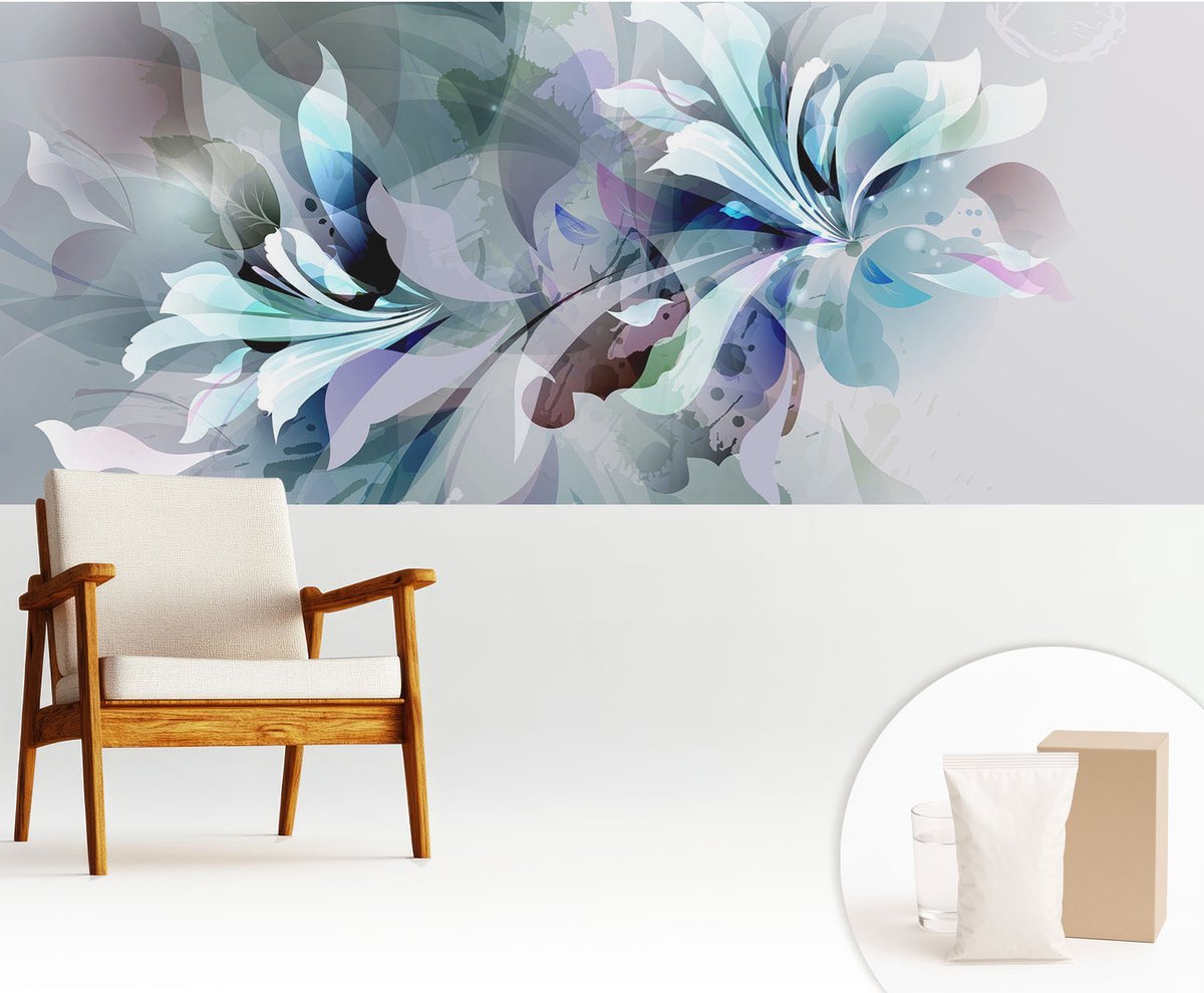 Wallfluent Fotobehang - Wit Vliesbehang - 250x104 cm - Bloemabstractie Fotobehang Vlies - Hal behang Bloemen En Planten - Muurschildering - Woonkamer behang