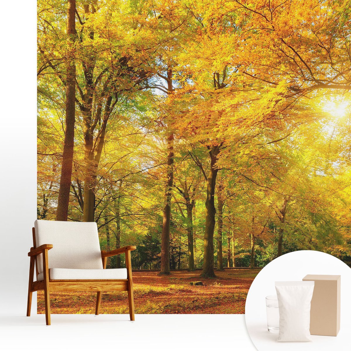 Wallfluent Fotobehang - Geel Vliesbehang - 250x250 cm - Gouden Bladeren Fotobehang Vlies - Woonkamer behang Landschappen - Muurschildering - Hal behang