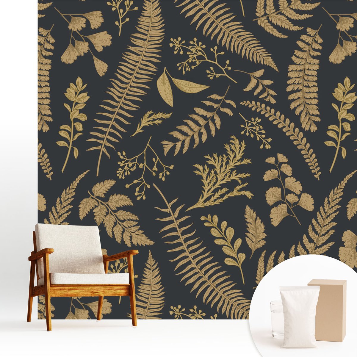 Wallfluent Fotobehang - Zwart Vliesbehang - 250x250 cm - Botanische Bladeren Fotobehang Vlies - Hal behang Bloemen En Planten - Muurschildering - Woonkamer behang