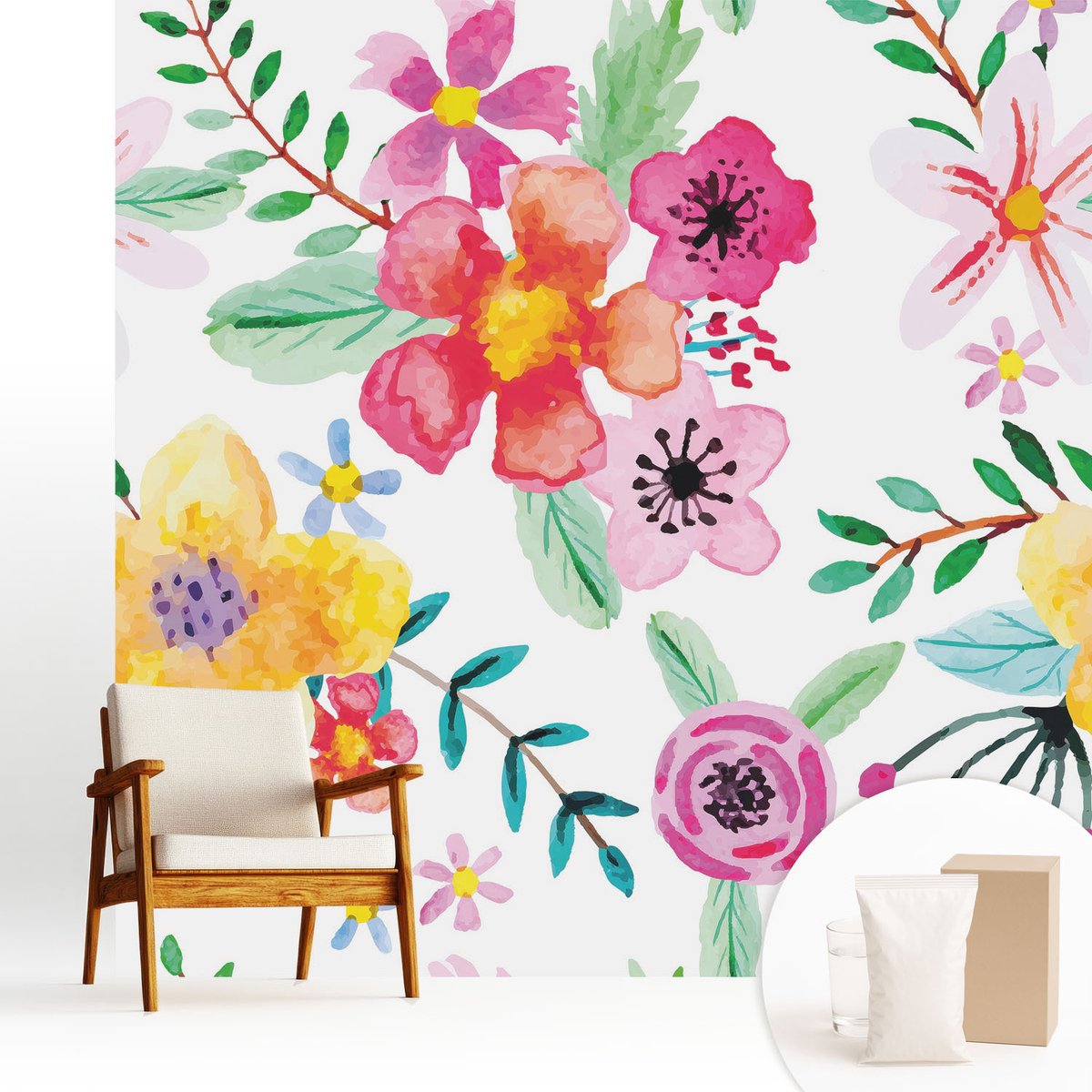 Wallfluent Fotobehang - Wit Vliesbehang - 250x250 cm - Bloemige Frisheid Muurschildering - Gang behang Bloemen En Planten - Fotobehang Vlies - Gang behang
