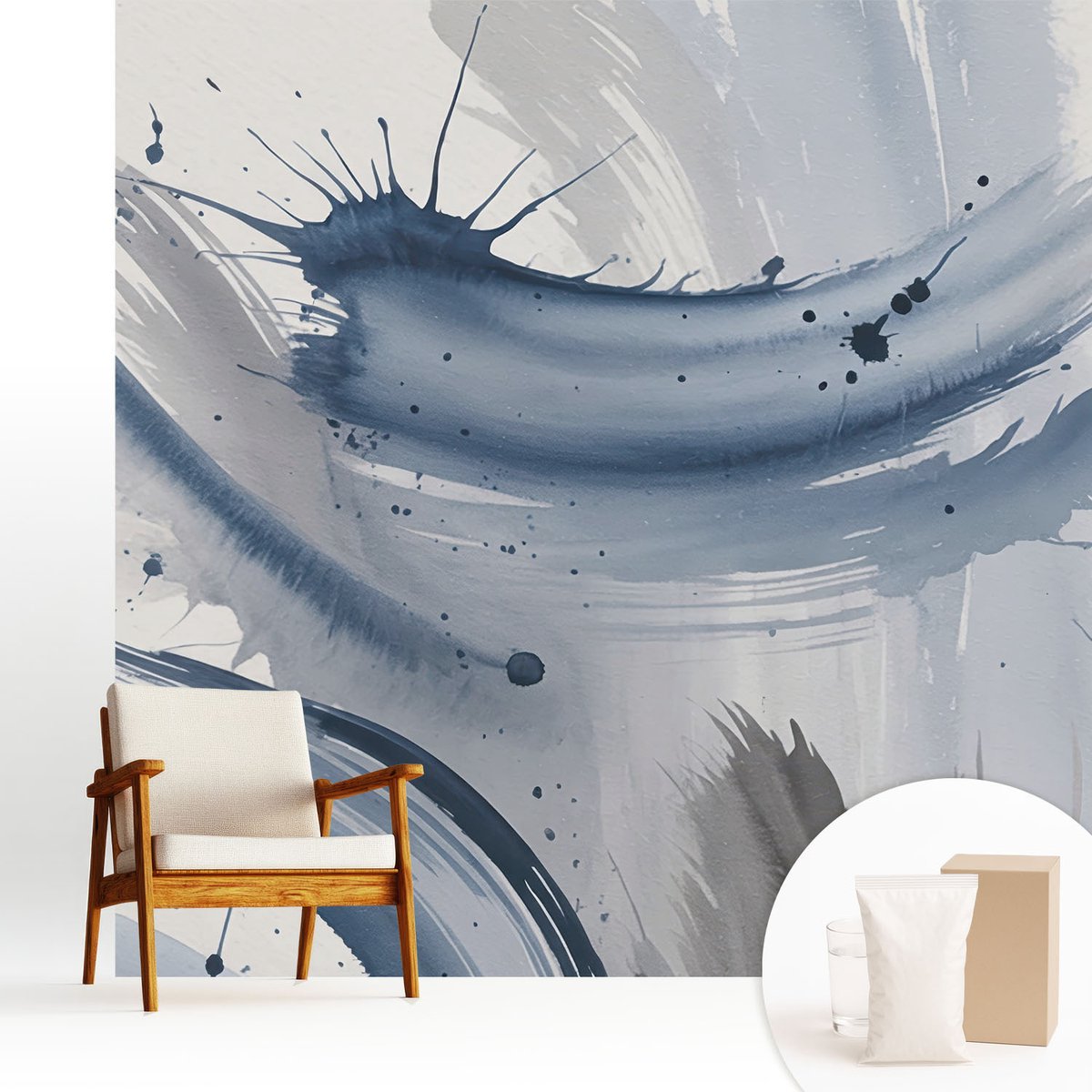 Wallfluent Fotobehang - Blauw Vliesbehang - 250x250 cm - Artistieke Penseelstreken Muurschildering - Gang behang Abstractie - Fotobehang Vlies - Slaapkamer behang