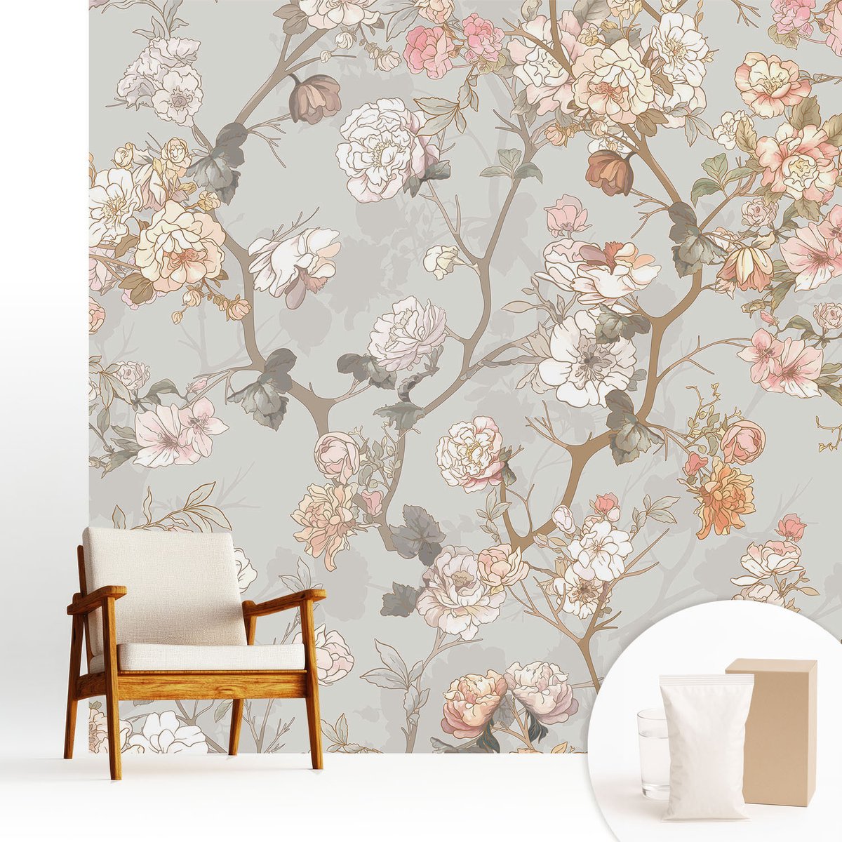 Wallfluent Fotobehang - Grijs Vliesbehang - 250x250 cm - Romantisch Patroon Fotobehang Vlies - Woonkamer behang Bloemen En Planten - Muurschildering - Woonkamer behang