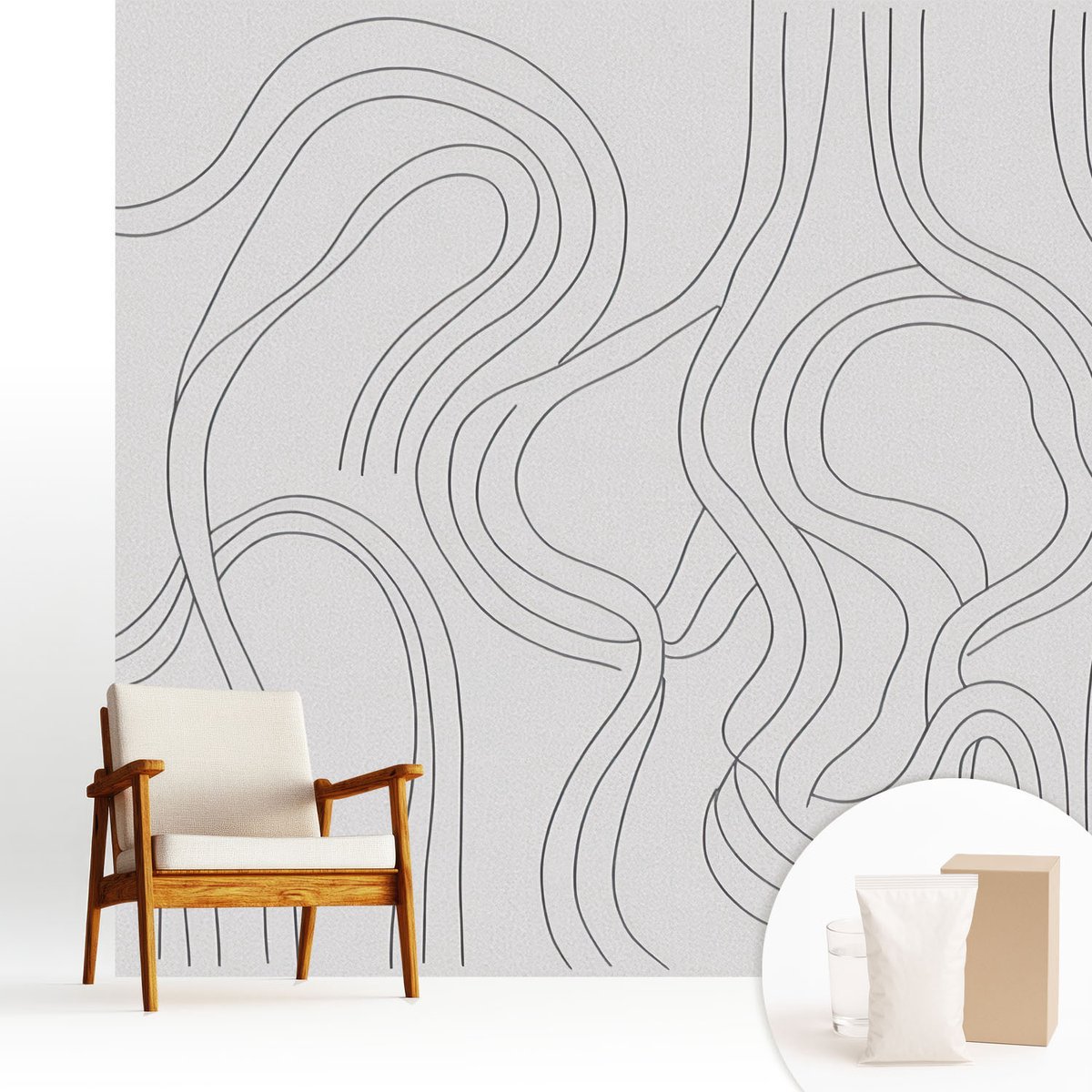 Wallfluent Fotobehang - Wit Vliesbehang - 250x250 cm - Organische Lijnen Fotobehang Vlies - Hal behang Abstractie - Muurschildering - Woonkamer behang