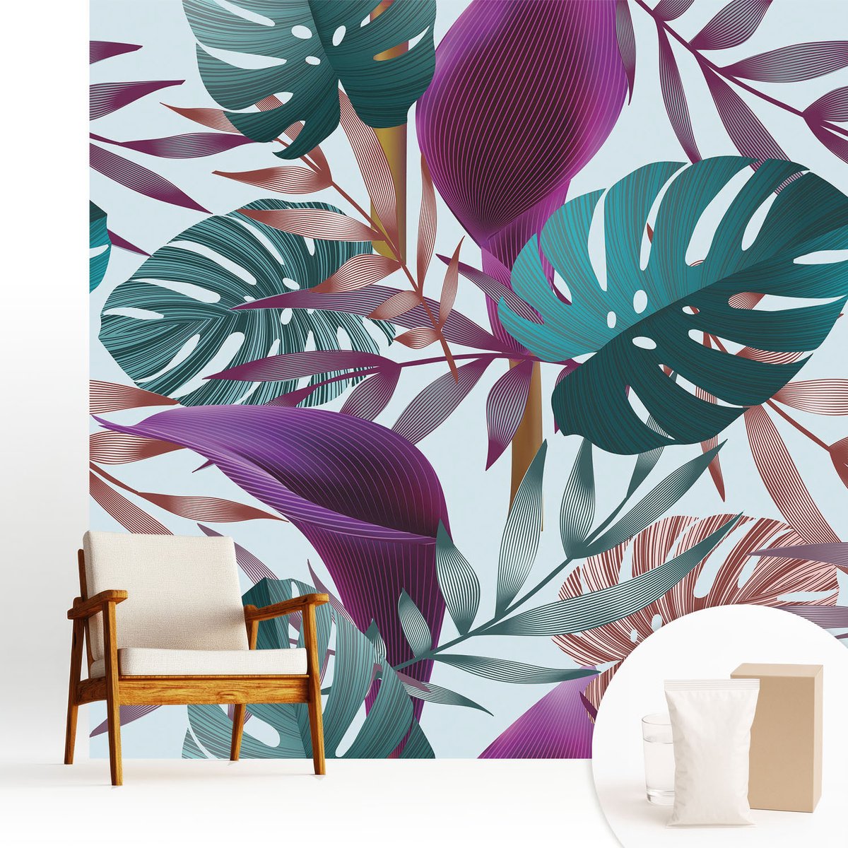 Wallfluent Fotobehang - Paars Vliesbehang - 250x250 cm - Tropische Compositie Muurschildering - Slaapkamer behang Bloemen En Planten - Fotobehang Vlies - Slaapkamer behang