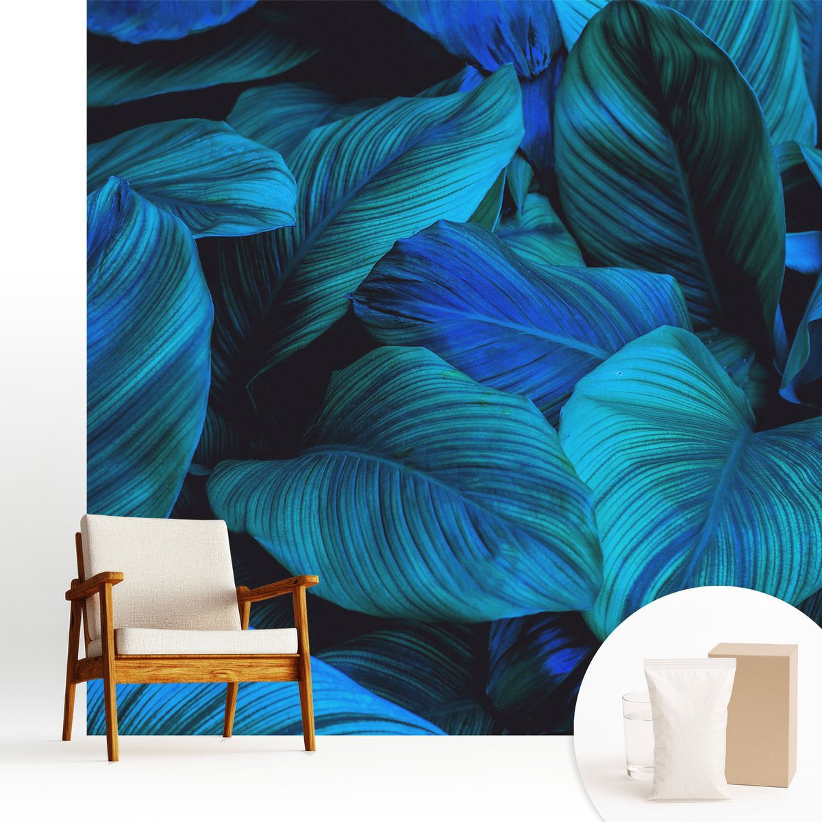 Wallfluent Fotobehang - Blauw Vliesbehang - 250x250 cm - Blauwe Bladeren Muurschildering - Slaapkamer behang Bloemen En Planten - Fotobehang Vlies - Slaapkamer behang