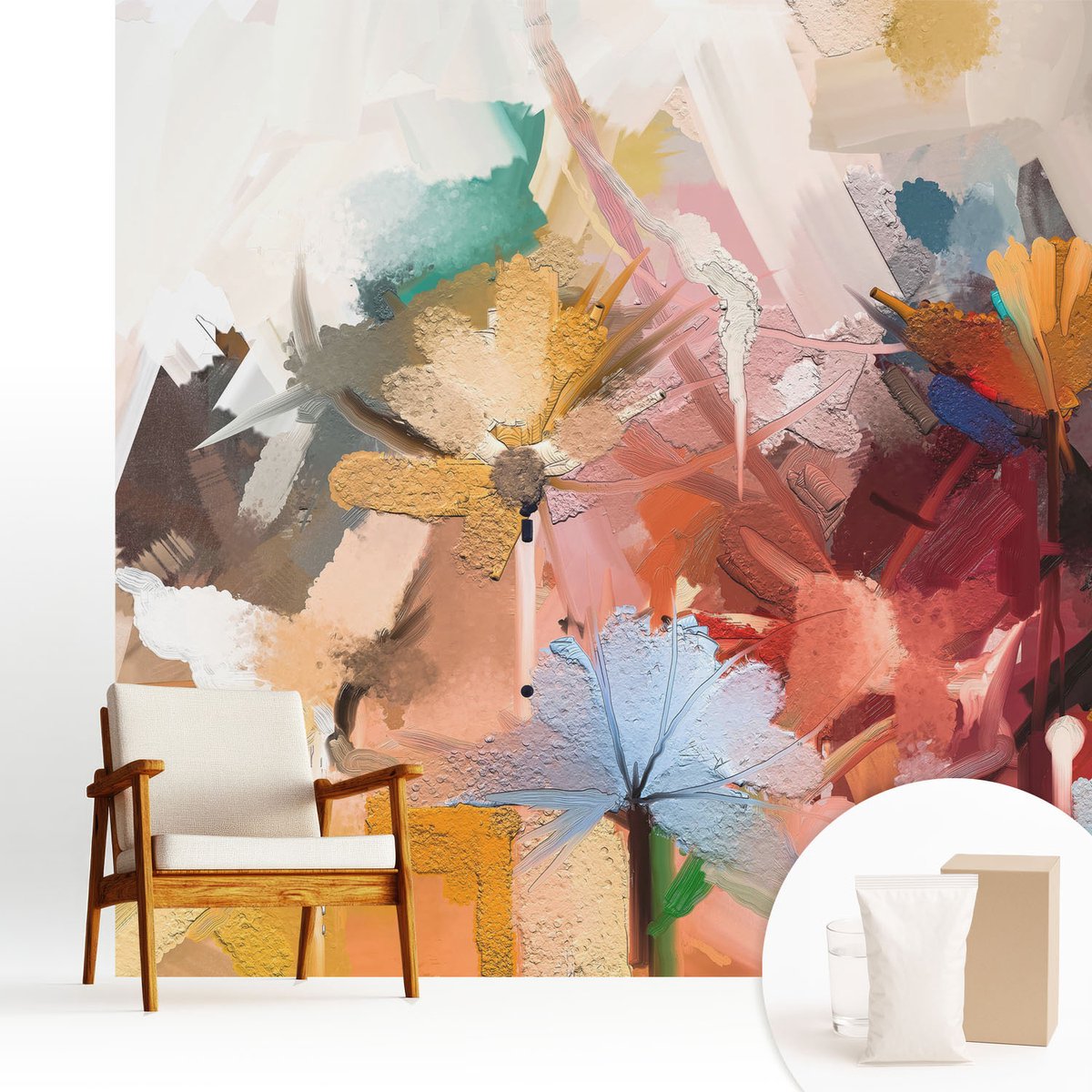 Wallfluent Fotobehang - Beige Vliesbehang - 250x250 cm - Abstracte Bloemen Muurschildering - Slaapkamer behang Deel - Fotobehang Vlies - Gang behang