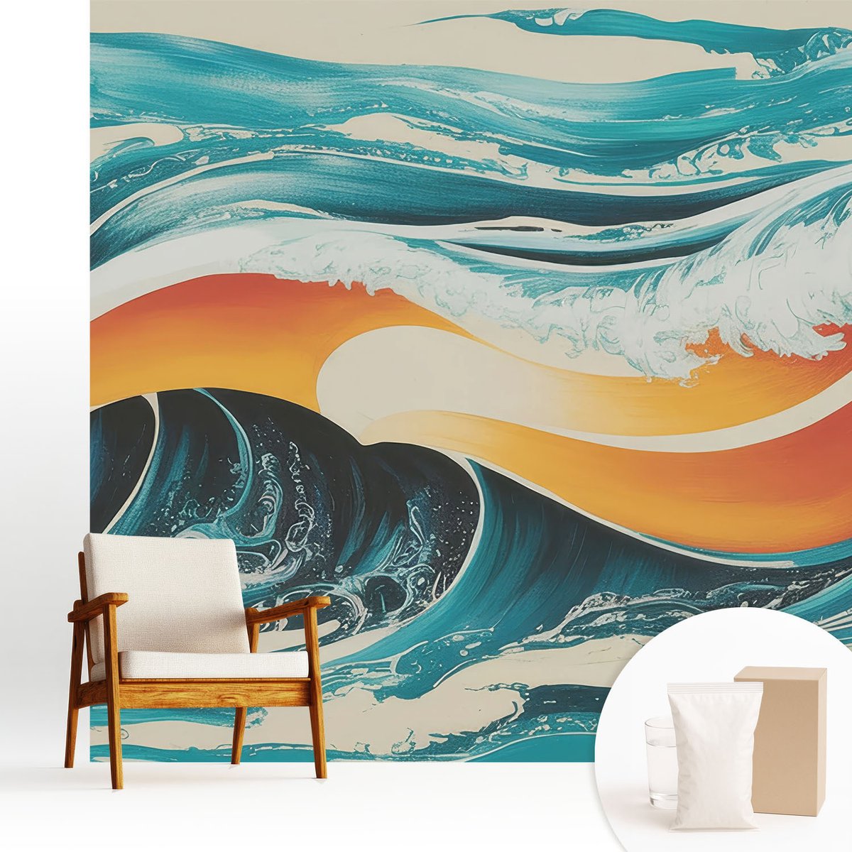 Wallfluent Fotobehang - Turkoois Vliesbehang - 250x250 cm - Abstracte Golven Muurschildering - Slaapkamer behang Deel - Fotobehang Vlies - Slaapkamer behang