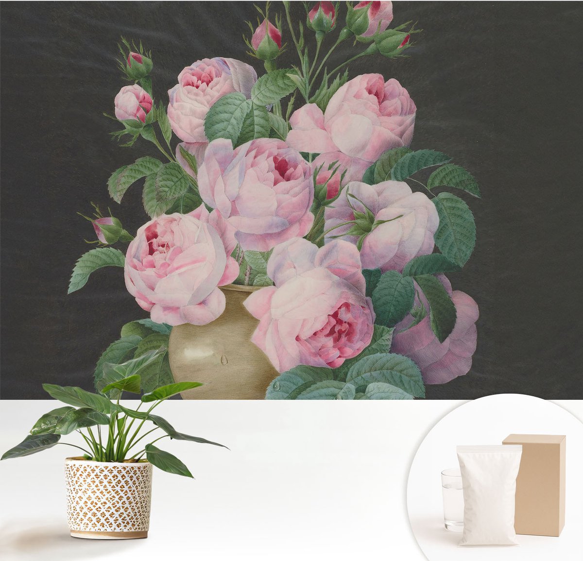 Wallfluent Fotobehang - Zwart-Wit Vliesbehang - 152x104 cm - Bloemige Elegantie Fotobehang Vlies - Hal behang Bloemen En Planten - Muurschildering - Woonkamer behang