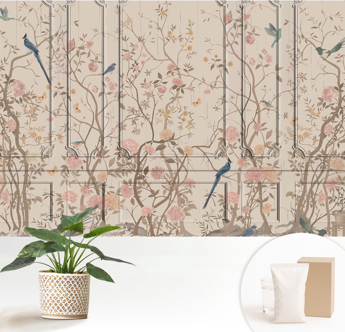 Wallfluent Fotobehang - Wit Vliesbehang - 152x104 cm - Vogels En Bloemen Fotobehang Vlies - Hal behang Bloemen En Planten - Muurschildering - Woonkamer behang