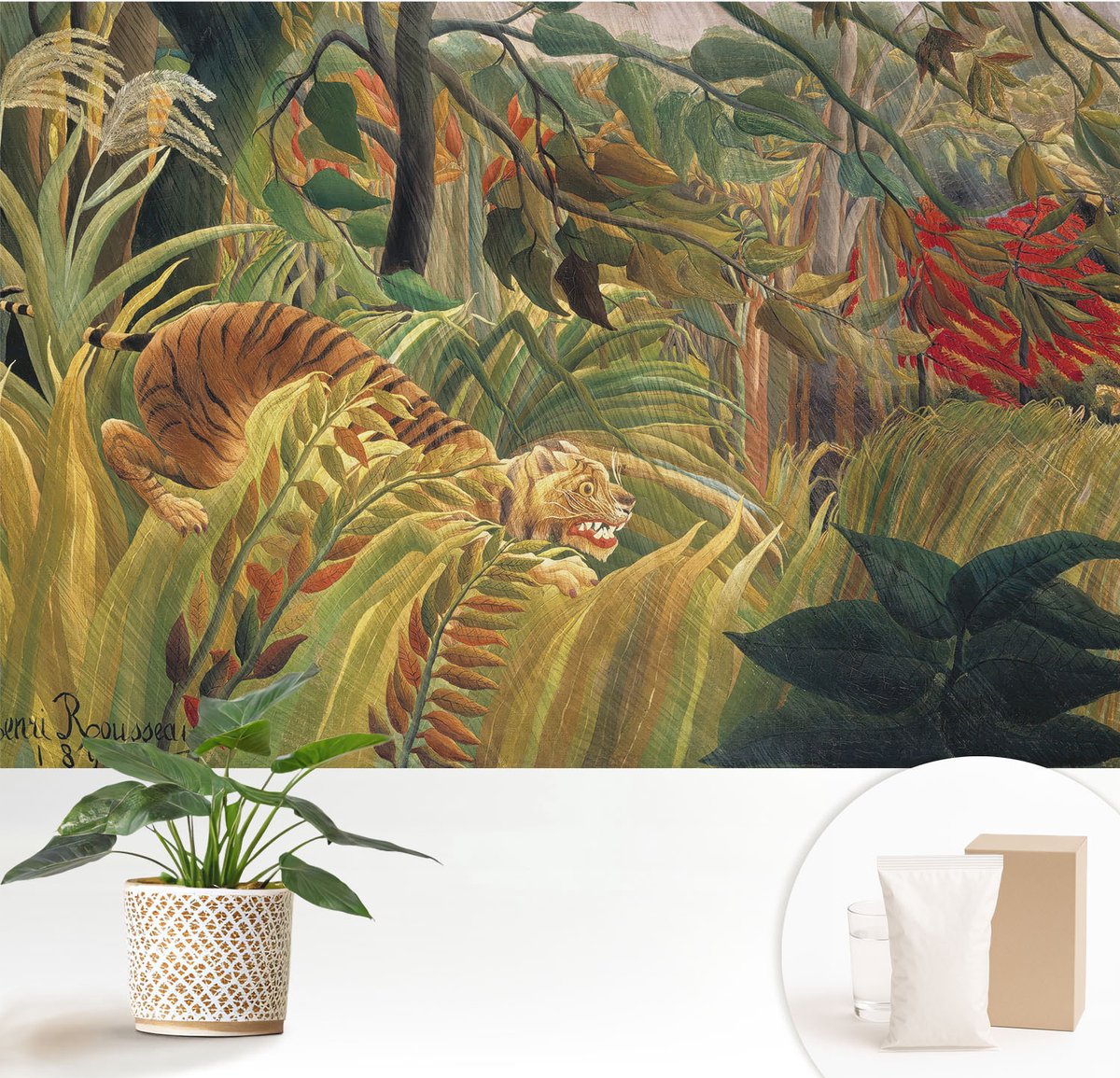 Wallfluent Fotobehang - Groente Vliesbehang - 152x104 cm - Exotische Tijger Fotobehang Vlies - Hal behang Bloemen En Planten - Muurschildering - Woonkamer behang