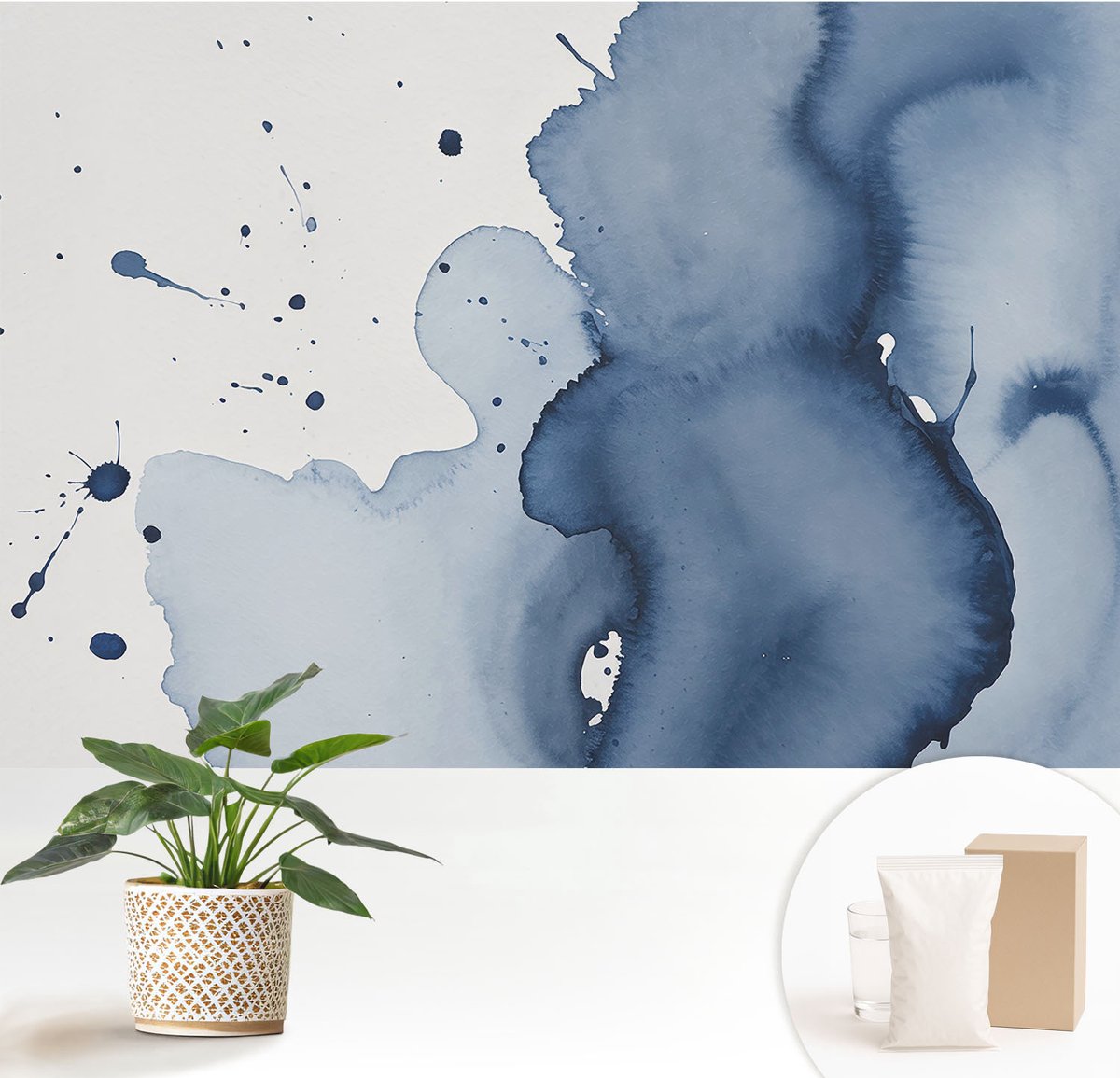 Wallfluent Fotobehang - Wit Vliesbehang - 152x104 cm - Marineblauwe Spetters Muurschildering - Slaapkamer behang Abstractie - Fotobehang Vlies - Slaapkamer behang