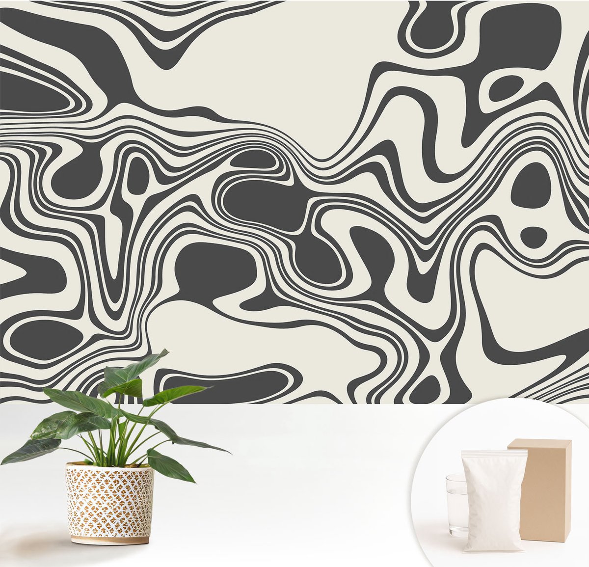 Wallfluent Fotobehang - Zwart-Wit Vliesbehang - 152x104 cm - Dynamische Lijnen Fotobehang Vlies - Hal behang Abstractie - Muurschildering - Hal behang