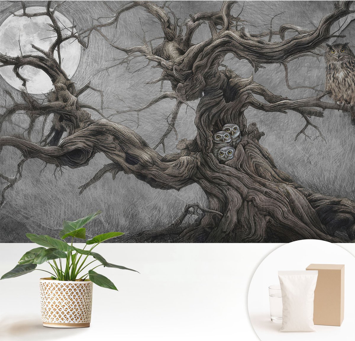 Wallfluent Fotobehang - Grijs Vliesbehang - 152x104 cm - Mysterieuze Uil Fotobehang Vlies - Woonkamer behang Dieren - Muurschildering - Woonkamer behang