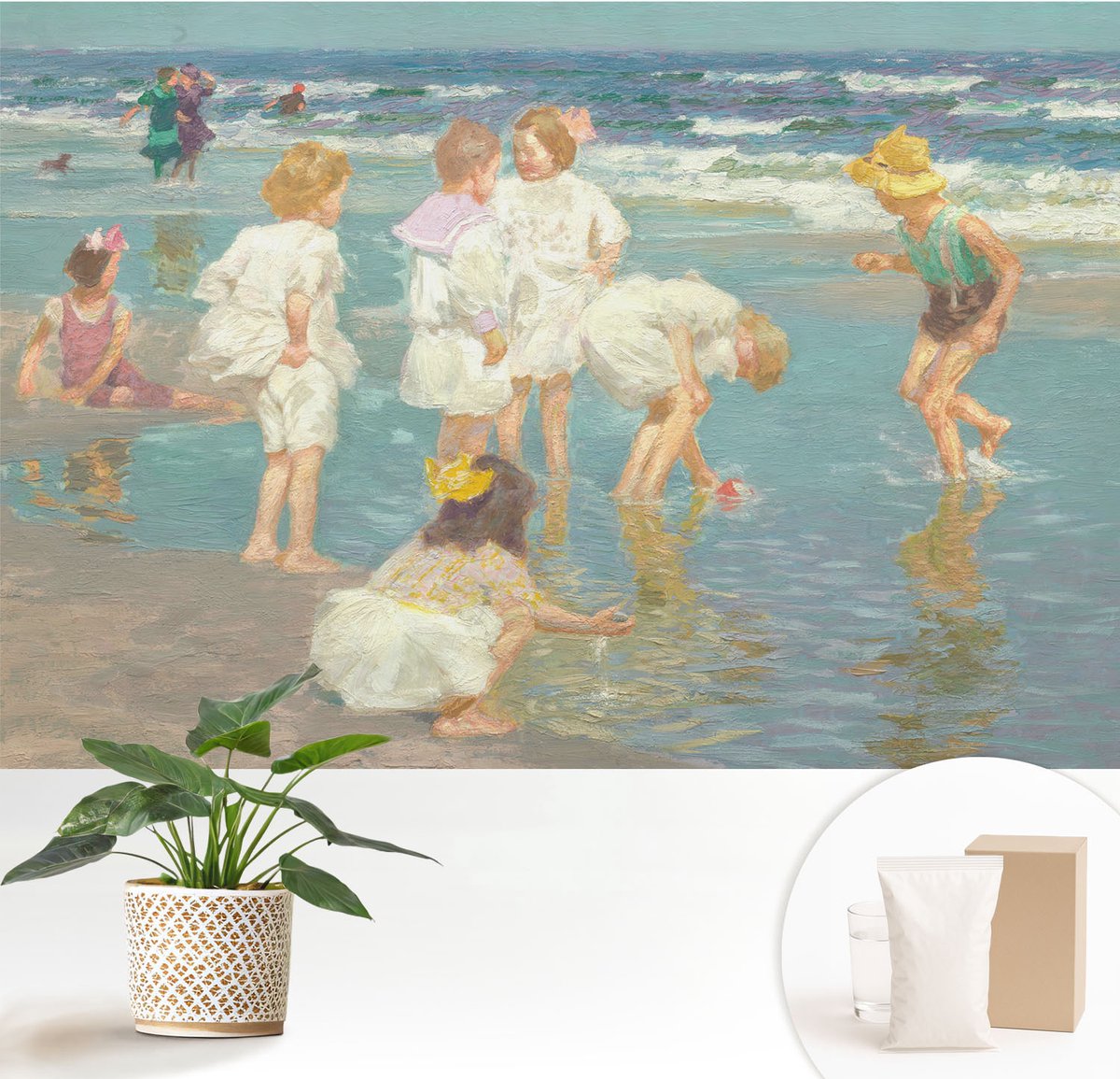 Wallfluent Fotobehang - Wit Vliesbehang - 152x104 cm - Jeugd Aan Het Strand Muurschildering - Gang behang Mensen - Fotobehang Vlies - Gang behang