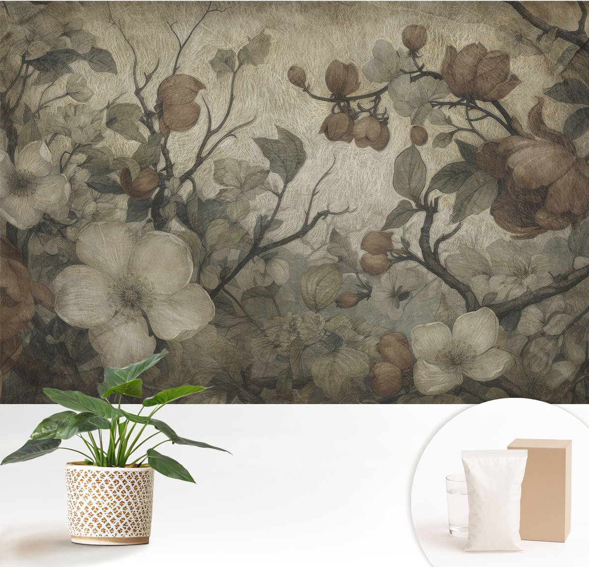 Wallfluent Fotobehang - Bruin Vliesbehang - 152x104 cm - Bloemenpracht Muurschildering - Slaapkamer behang Bloemen En Planten - Fotobehang Vlies - Slaapkamer behang