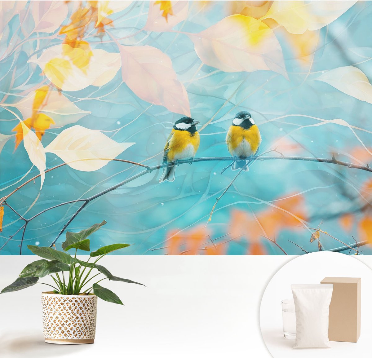 Wallfluent Fotobehang - Blauw Vliesbehang - 152x104 cm - Lente Vogels Fotobehang Vlies - Woonkamer behang Dieren - Muurschildering - Woonkamer behang