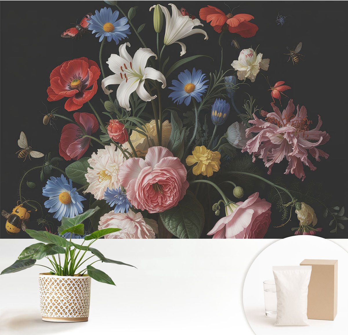 Wallfluent Fotobehang - Zwart Vliesbehang - 152x104 cm - Bloemen Met Insecten Fotobehang Vlies - Hal behang Bloemen En Planten - Muurschildering - Woonkamer behang