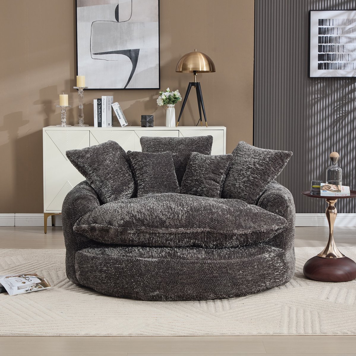 MODENUIT Fauteuil 190,5 x 138 cm - Ronde Zit- En Ligvorm Met Armleuningen - Voor Woonkamer - Polyester Grijs