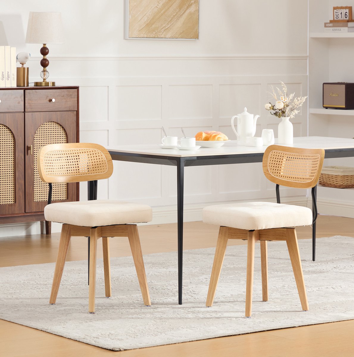 MODENUIT Eetkamerstoel 43 x 50 x 77 cm - 360 Graden Draaibaar - Eetkamer - Chenille en Rotan - Beige