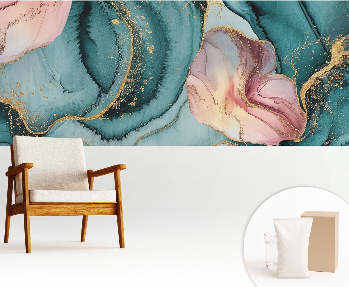 Wallfluent Fotobehang - Blauw Vliesbehang - 250x104 cm - Artistieke Golven Muurschildering - Slaapkamer behang Abstractie - Fotobehang Vlies - Slaapkamer behang