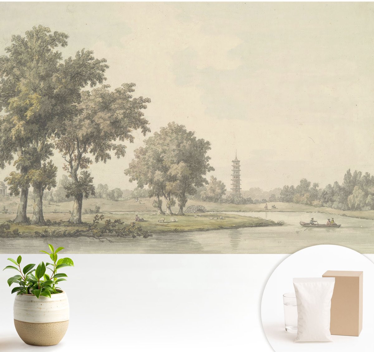 Wallfluent Fotobehang - Grijs Vliesbehang - 104x70 cm - Een Rustig Park Fotobehang Vlies - Hal behang Landschappen - Muurschildering - Woonkamer behang