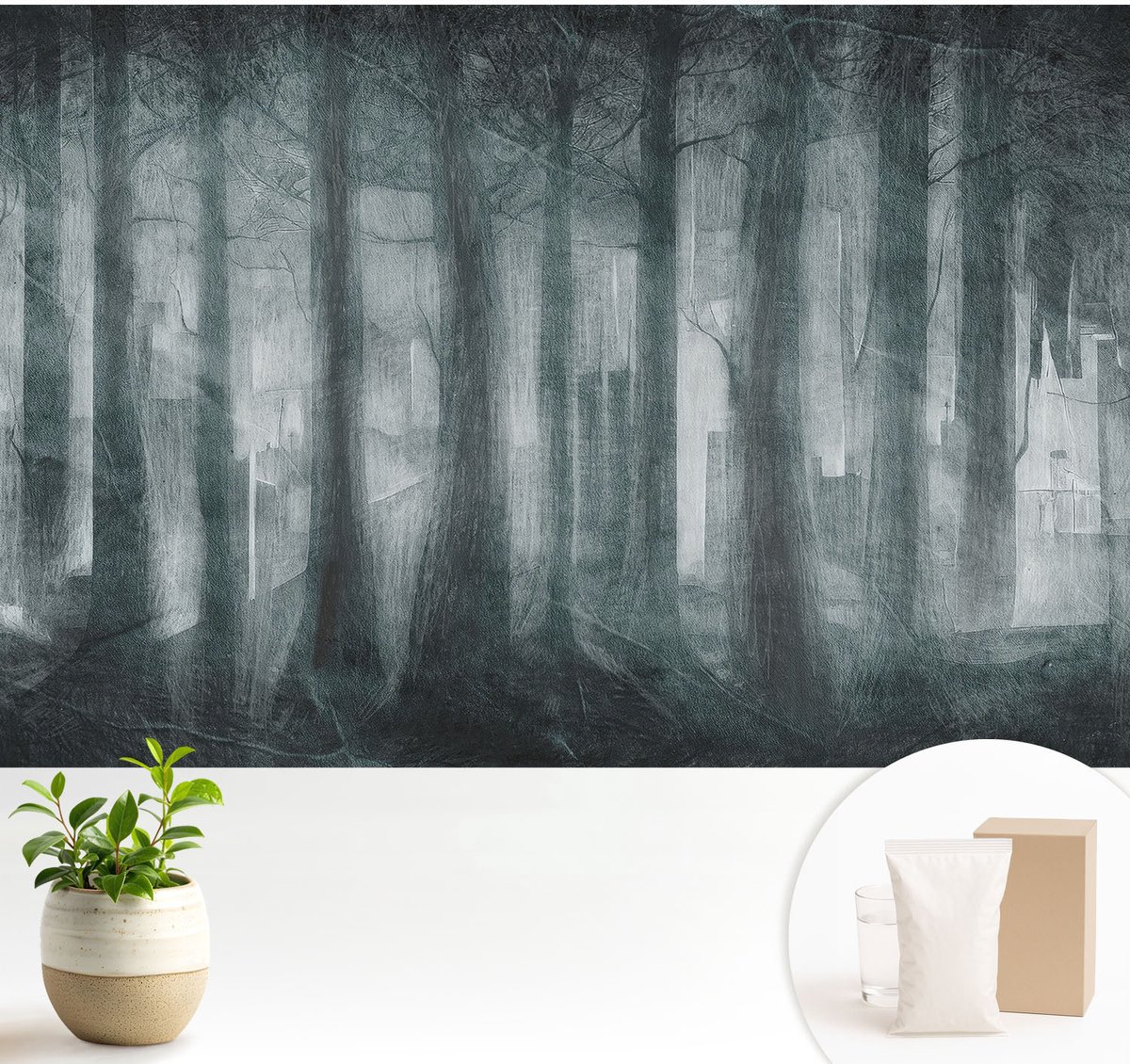 Wallfluent Fotobehang - Grijs Vliesbehang - 104x70 cm - Mysterieus Bos Fotobehang Vlies - Hal behang Landschappen - Muurschildering - Woonkamer behang