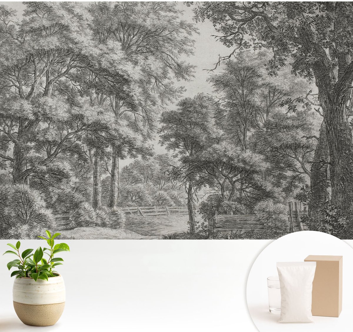 Wallfluent Fotobehang - Zwart-Wit Vliesbehang - 104x70 cm - Boslandschap Fotobehang Vlies - Hal behang Landschappen - Muurschildering - Hal behang