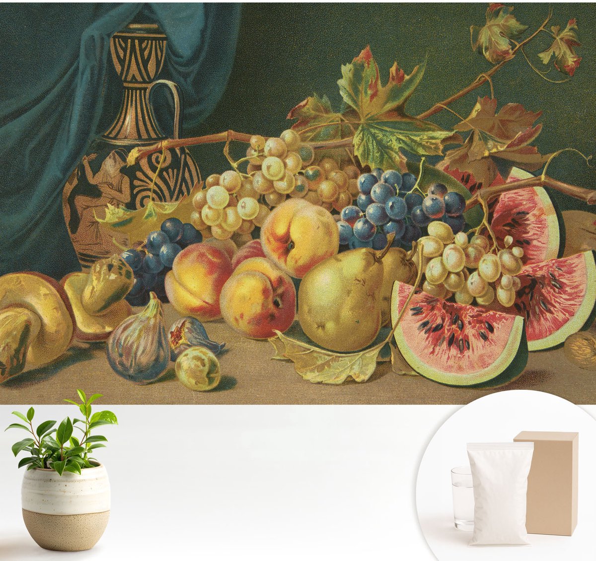 Wallfluent Fotobehang - Grijs Vliesbehang - 104x70 cm - Fruitige Charme Fotobehang Vlies - Woonkamer behang Voedsel - Muurschildering - Hal behang