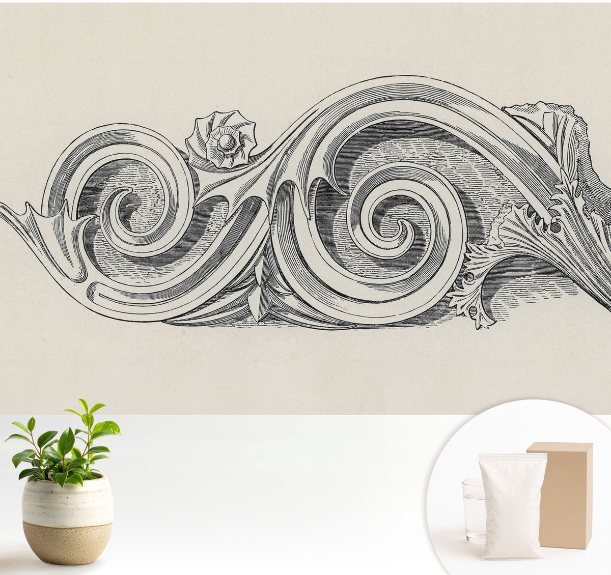 Wallfluent Fotobehang - Zwart-Wit Vliesbehang - 104x70 cm - Plantenornament Muurschildering - Gang behang Deel - Fotobehang Vlies - Slaapkamer behang