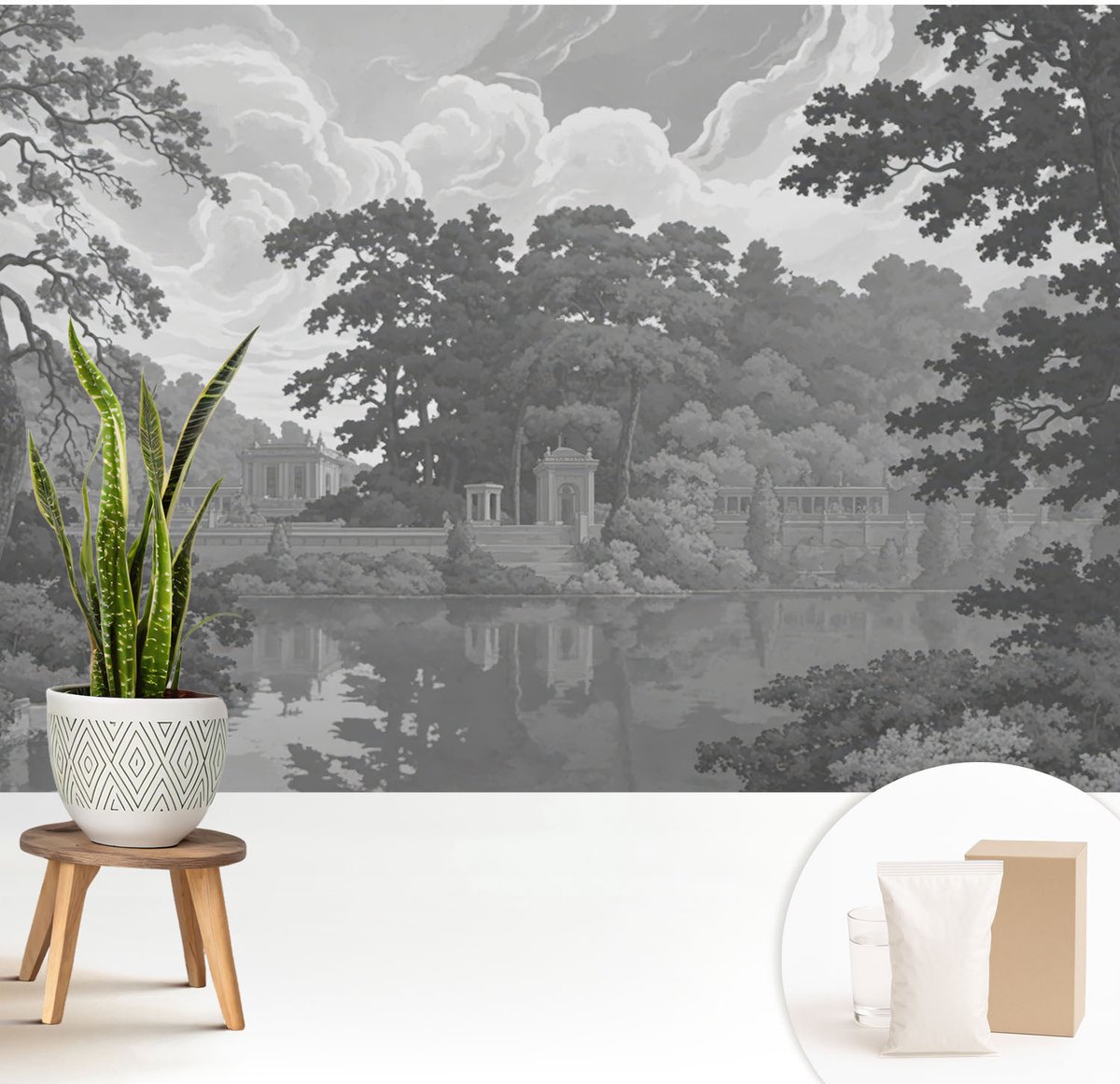 Wallfluent Fotobehang - Zwart-Wit Vliesbehang - 208x146 cm - Natuurlijk Landschap Muurschildering - Gang behang Landschappen - Fotobehang Vlies - Slaapkamer behang
