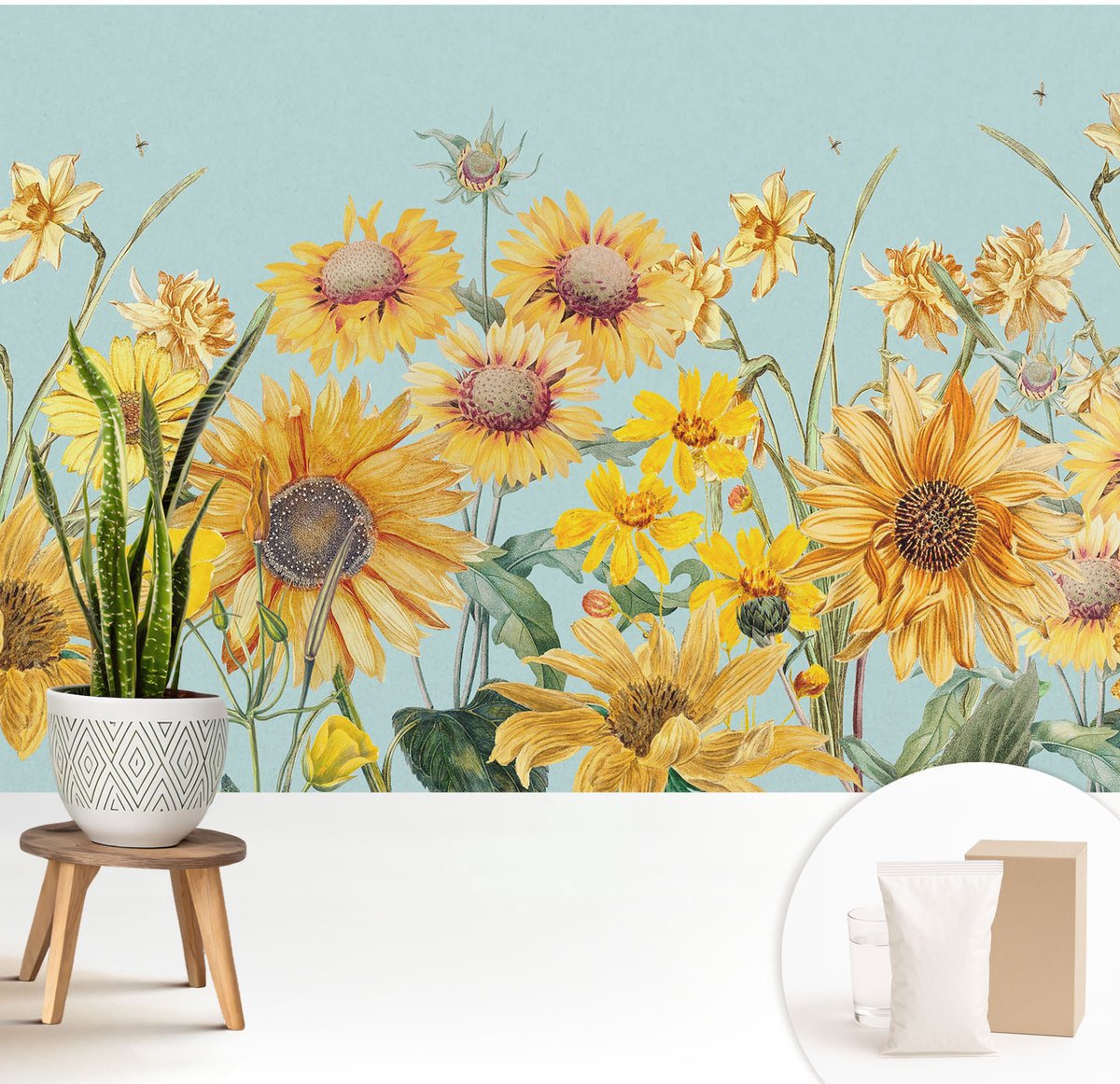 Wallfluent Fotobehang - Geel Vliesbehang - 208x146 cm - Zomertuin Muurschildering - Gang behang Bloemen En Planten - Fotobehang Vlies - Slaapkamer behang