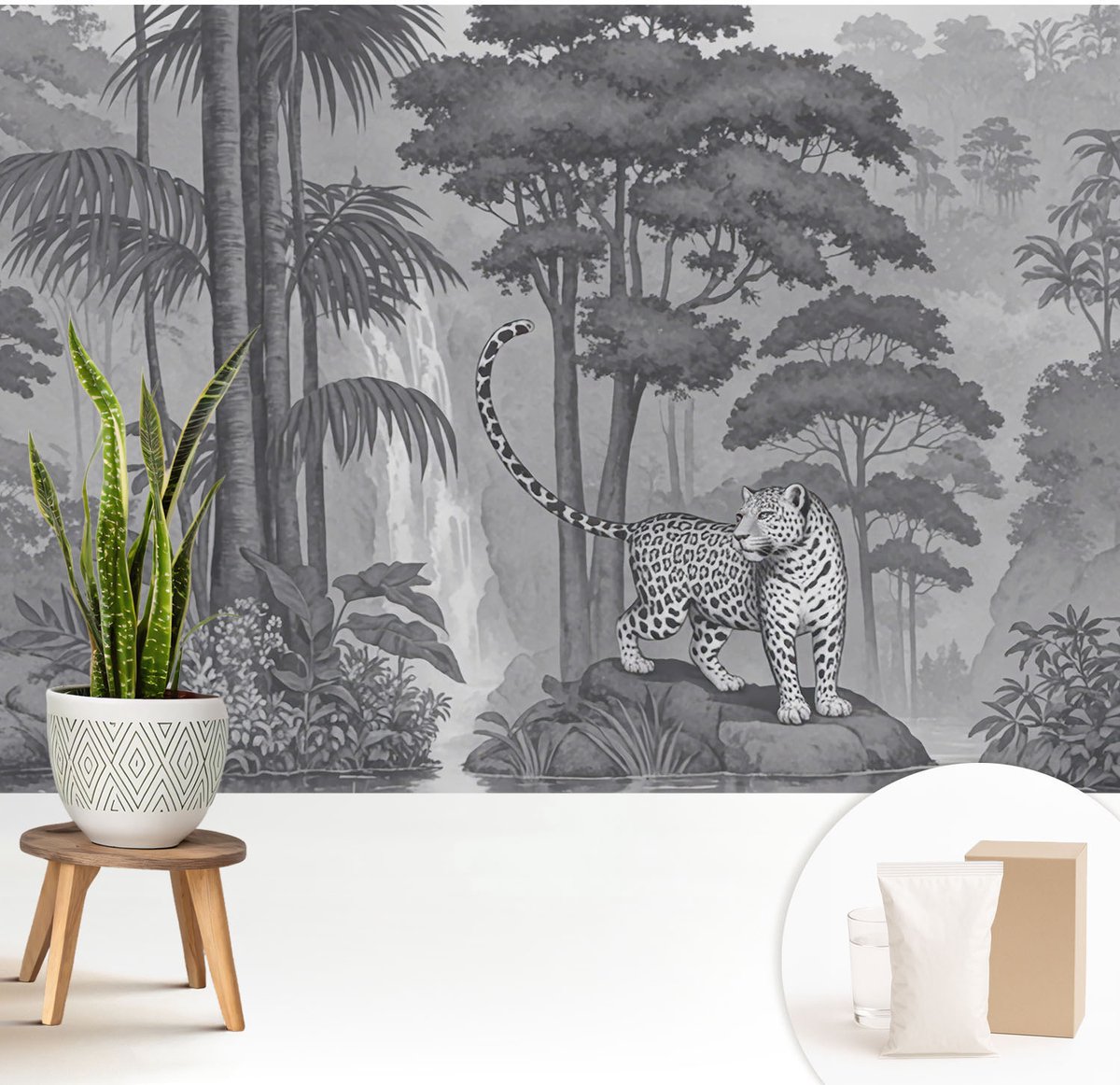 Wallfluent Fotobehang - Grijs Vliesbehang - 208x146 cm - Tropische Jungle Fotobehang Vlies - Woonkamer behang Dieren - Muurschildering - Woonkamer behang