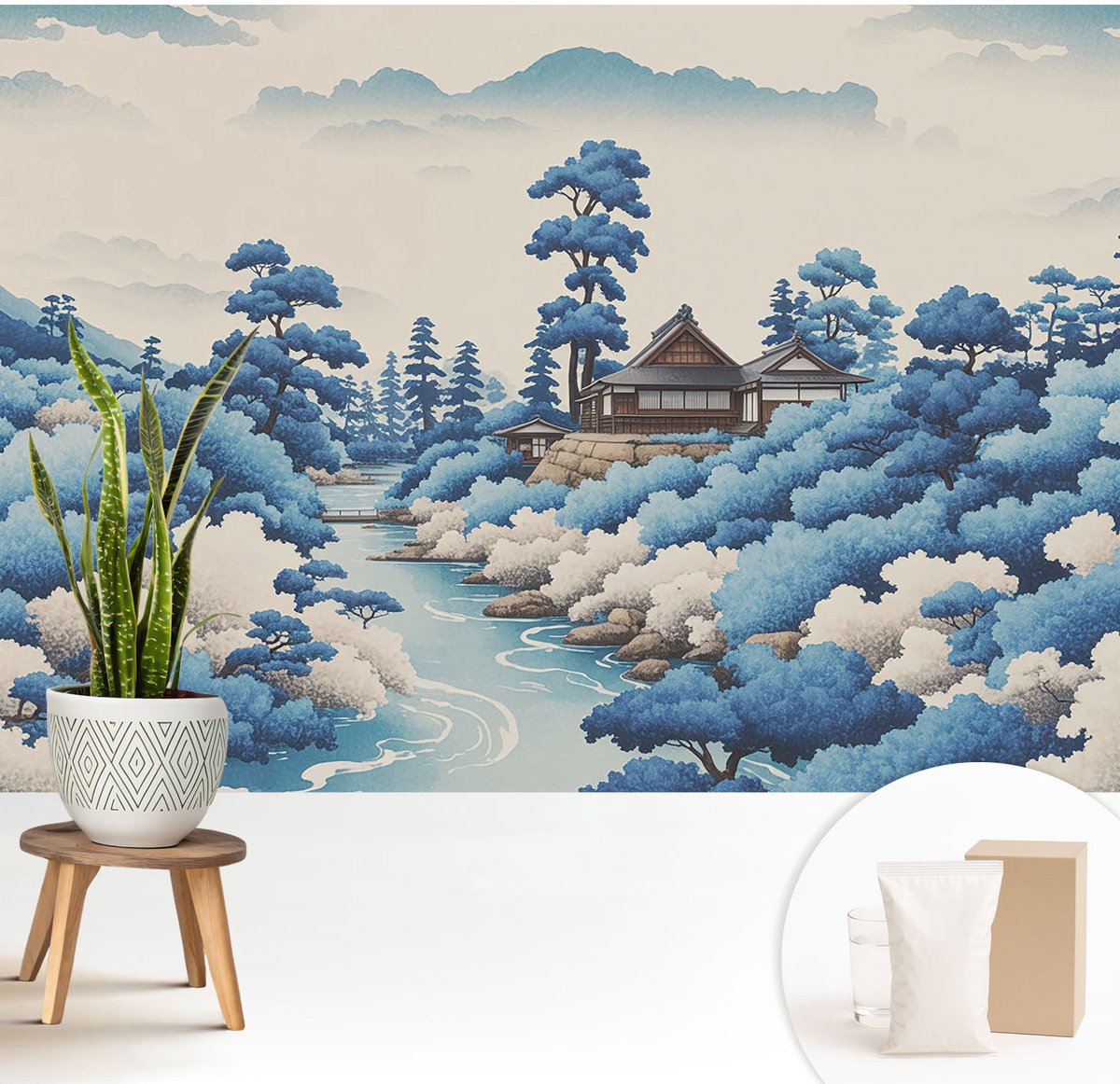 Wallfluent Fotobehang - Blauw Vliesbehang - 208x146 cm - Vredige Natuur Fotobehang Vlies - Hal behang Landschappen - Muurschildering - Hal behang