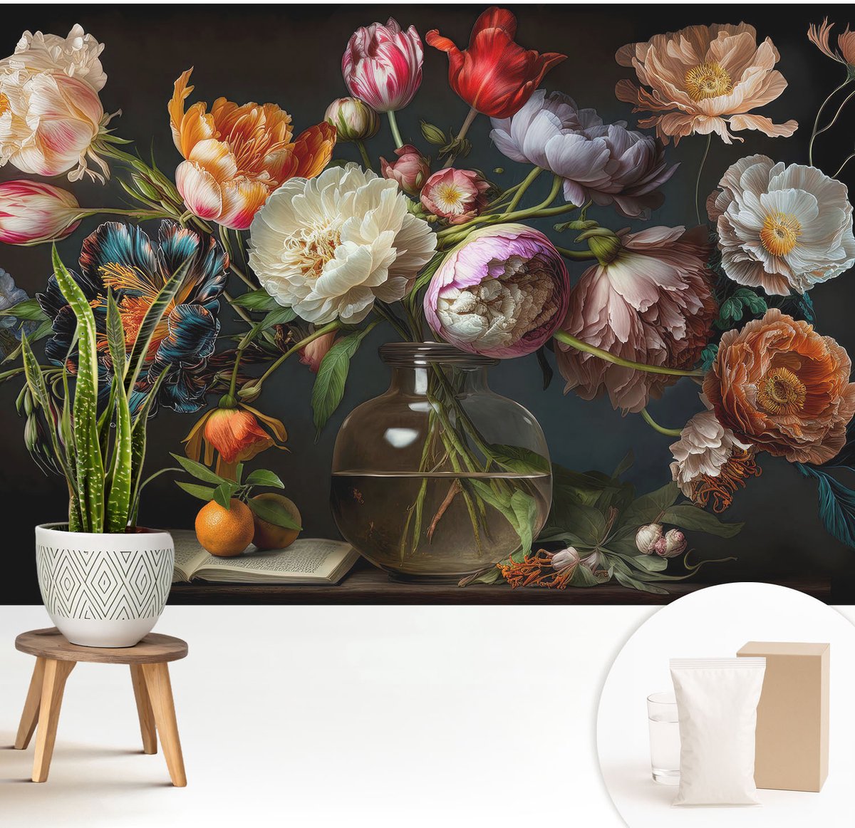 Wallfluent Fotobehang - Oranje Vliesbehang - 208x146 cm - Bloemenboeket Fotobehang Vlies - Woonkamer behang Bloemen En Planten - Muurschildering - Hal behang