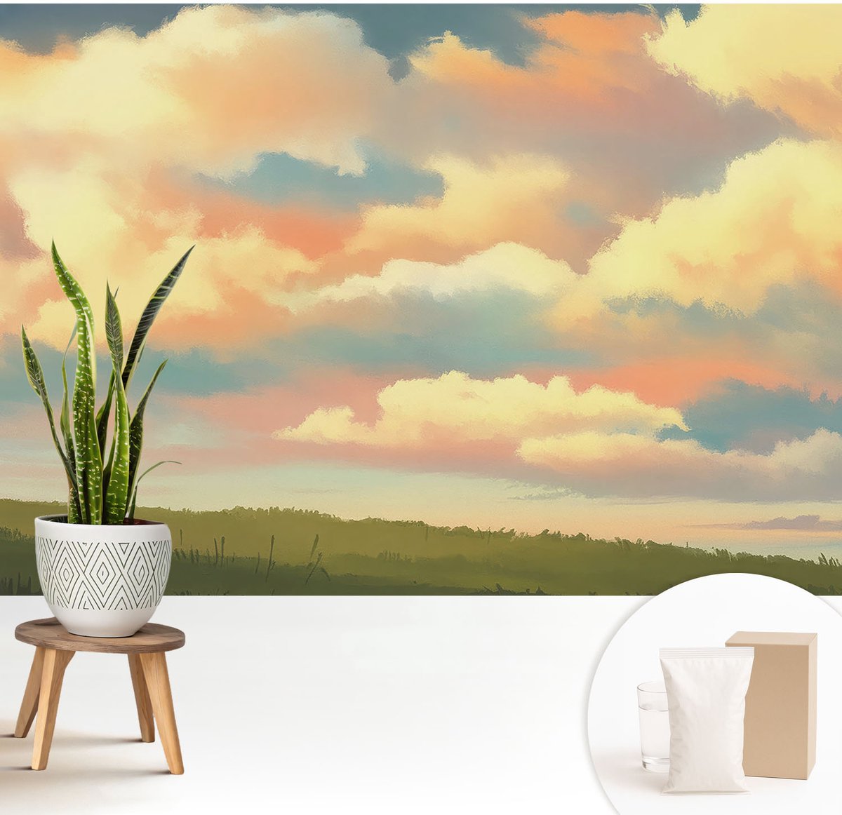 Wallfluent Fotobehang - Oranje Vliesbehang - 208x146 cm - Hemelwolken Fotobehang Vlies - Hal behang Landschappen - Muurschildering - Hal behang