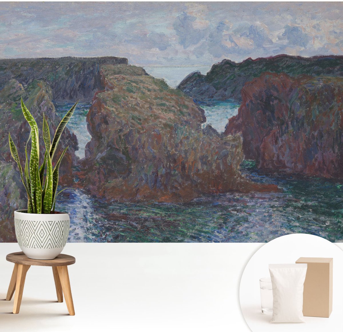 Wallfluent Fotobehang - Blauw Vliesbehang - 208x146 cm - Rotsachtige Kust Muurschildering - Slaapkamer behang Landschappen - Fotobehang Vlies - Slaapkamer behang