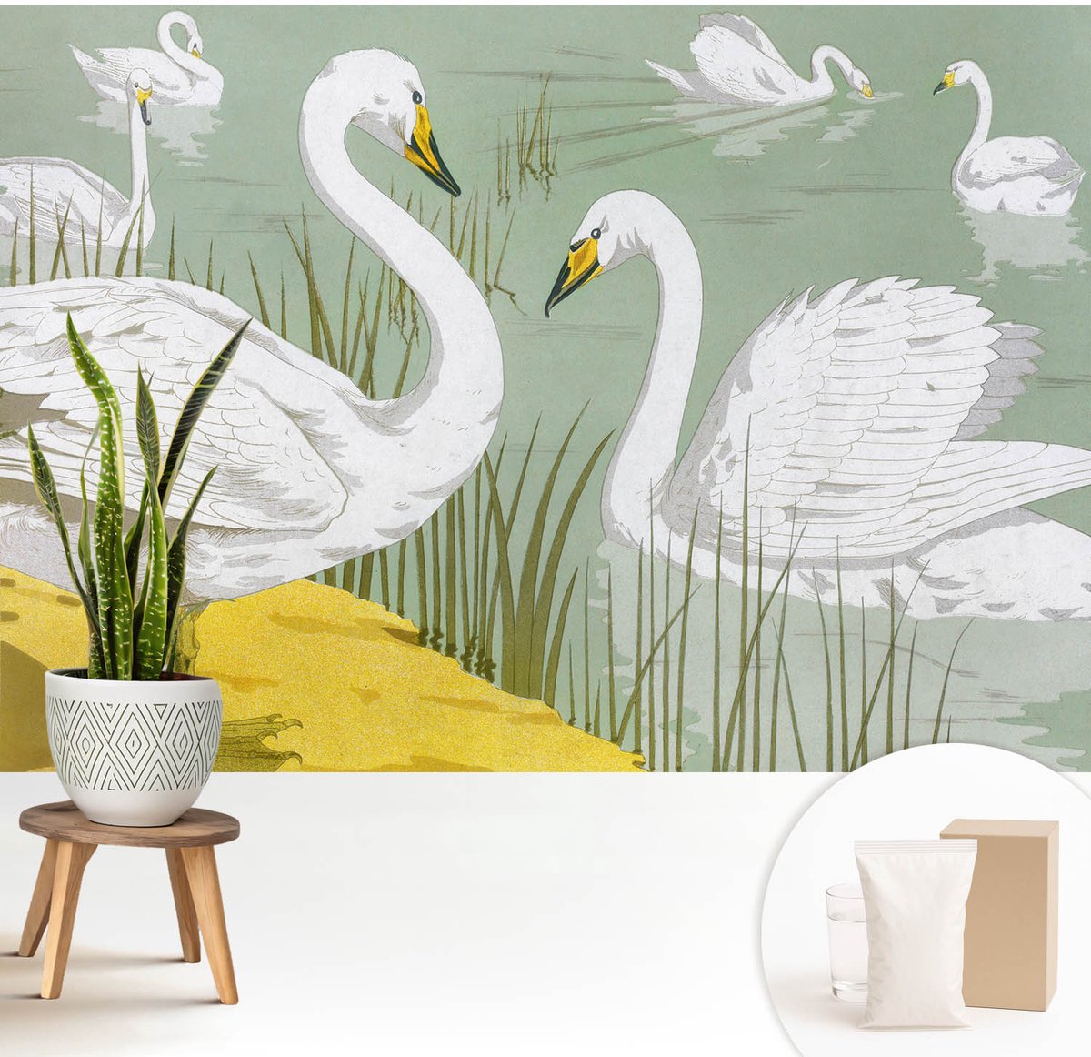 Wallfluent Fotobehang - Wit Vliesbehang - 208x146 cm - Zwanenmeer Muurschildering - Slaapkamer behang Dieren - Fotobehang Vlies - Slaapkamer behang