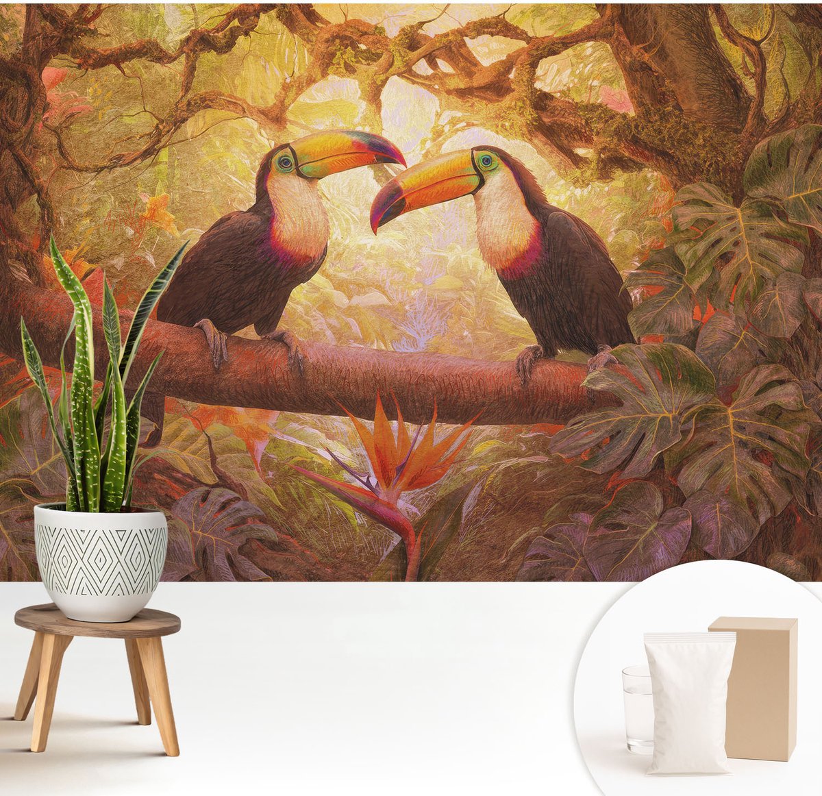 Wallfluent Fotobehang - Bruin Vliesbehang - 208x146 cm - Kleurrijke Toekans Muurschildering - Gang behang Dieren - Fotobehang Vlies - Slaapkamer behang
