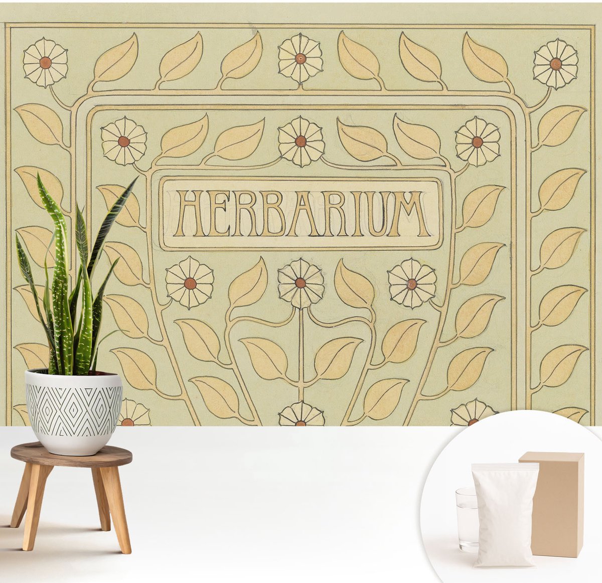 Wallfluent Fotobehang - Wit Vliesbehang - 208x146 cm - Plantenornament Muurschildering - Gang behang Bloemen En Planten - Fotobehang Vlies - Slaapkamer behang