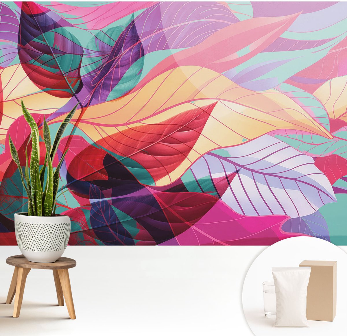 Wallfluent Fotobehang - Zwart Vliesbehang - 208x146 cm - Abstracte Bladeren Fotobehang Vlies - Woonkamer behang Bloemversiering - Muurschildering - Hal behang