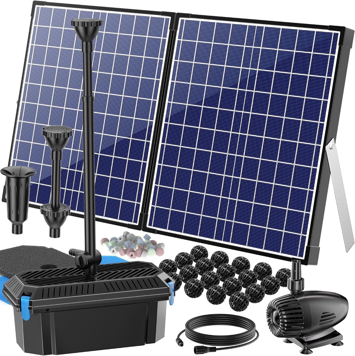 50 W vijverpomp op zonne-energie met filter, 2100 l/u fonteinpomp op zonne-energie met 3 sproeiers en stroomregelaar, 8 m kabel voor tuinvijver, kleine visvijver, waterspel