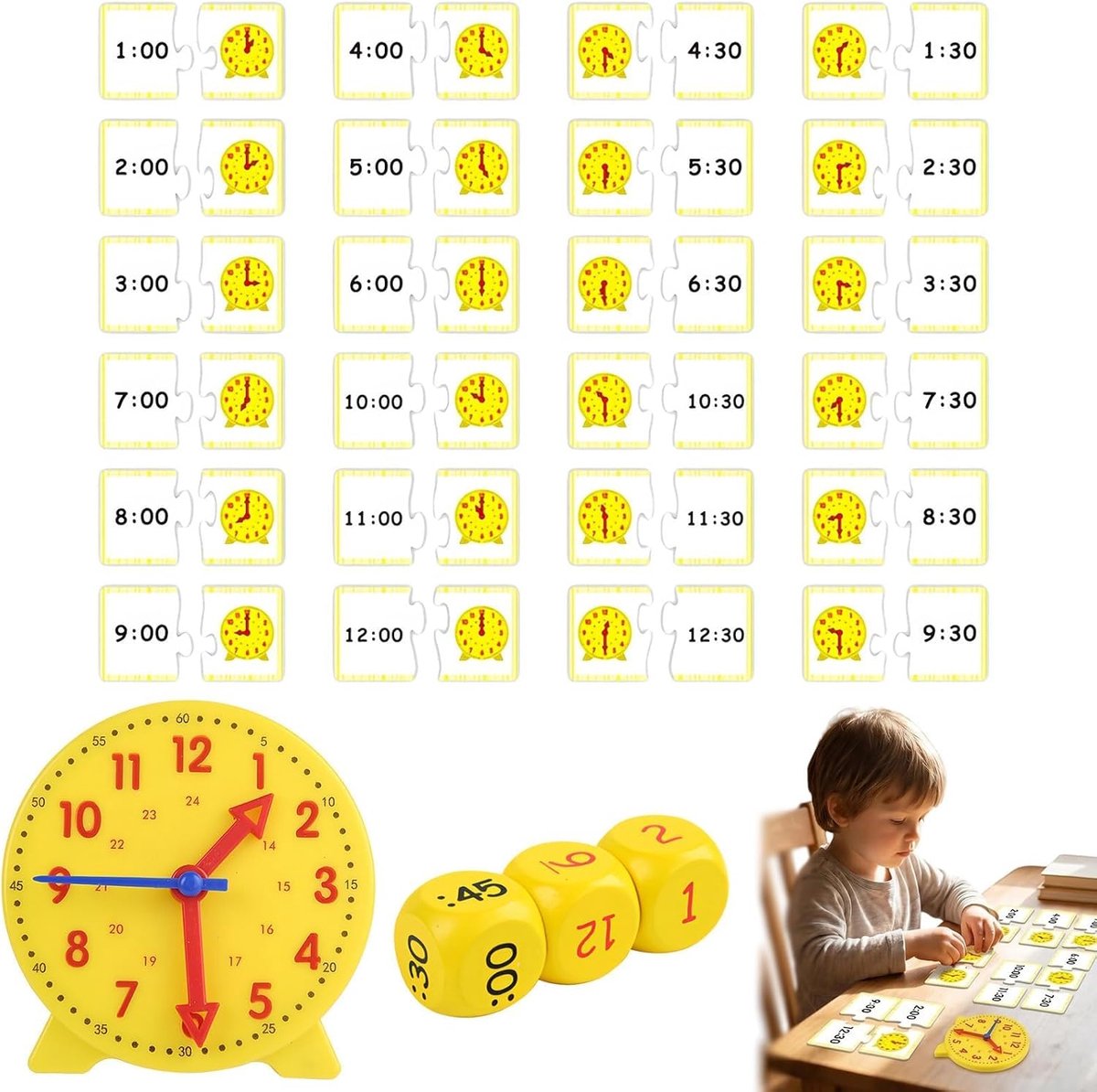 Leerhorloge voor kinderen, pedagogisch speelgoed, 6, 7, 8 jaar, klok leren tijdmanagementset met 1 horloge, 12 puzzelkaarten en 3 dobbelstenen, educatief speelgoed voor jongens en meisjes