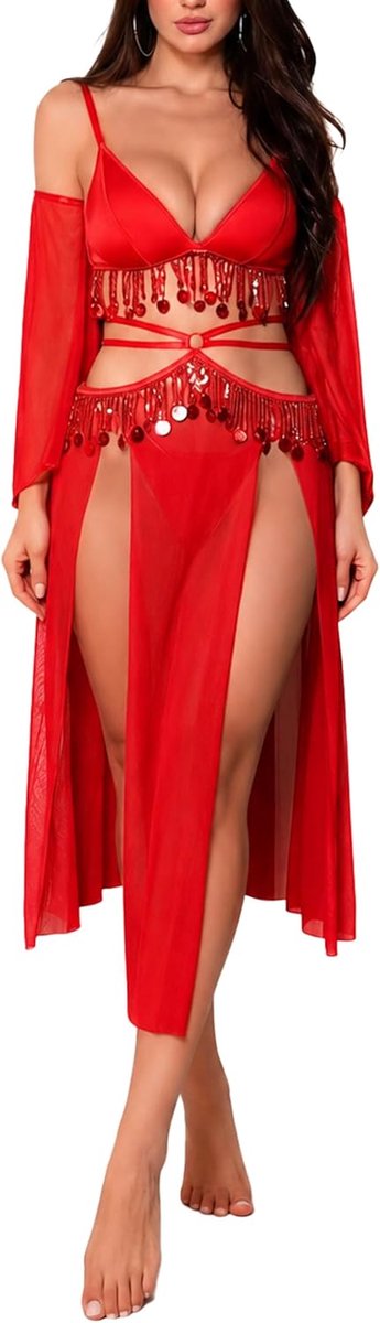 Lingerieset voor dames, Oosterse danskostuum, mesh, transparant, cosplay, festival, S-2XL