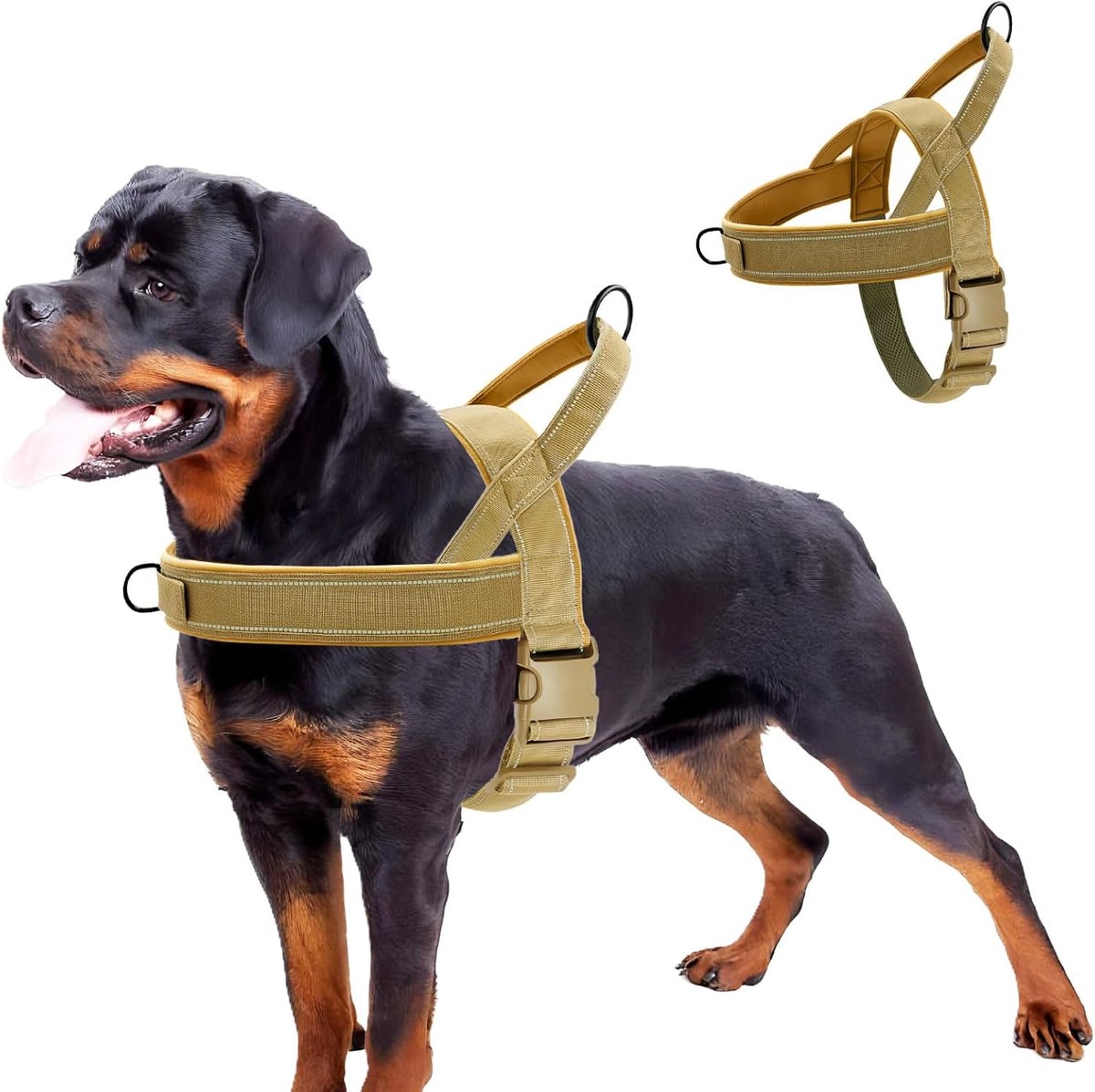 Middelgrote Honden，Verstelbaar Harnas Hond, Anti-Tractie Reflecterende Medium Hondenharnassen, Hondentuig Veiligheidsharnas Ademend Borstharnas voor Wandelen, Rennen, Khaki(M)