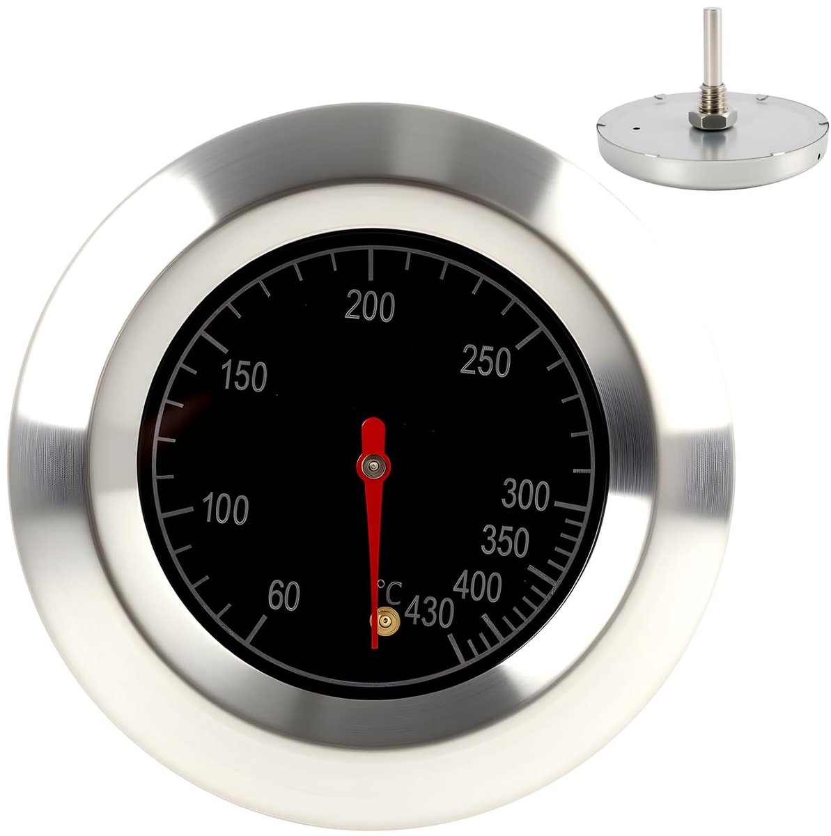 Roosterthermometer, grillthermometer 60-430 °C, alleen compatibel met grills, rookovens en grillwagens met gaten in een diameter van 8 mm met roestvrijstalen behuizing