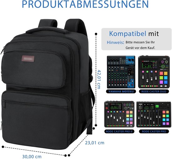 Mixer reistas compatibel met RODECaster Pro, Pro II, Yamaha MG10XU, RC Duo, beschermende rugzak voor DJ-mixer met zakken voor microfoons, kabels en podcast-accessoires — afbeelding 2