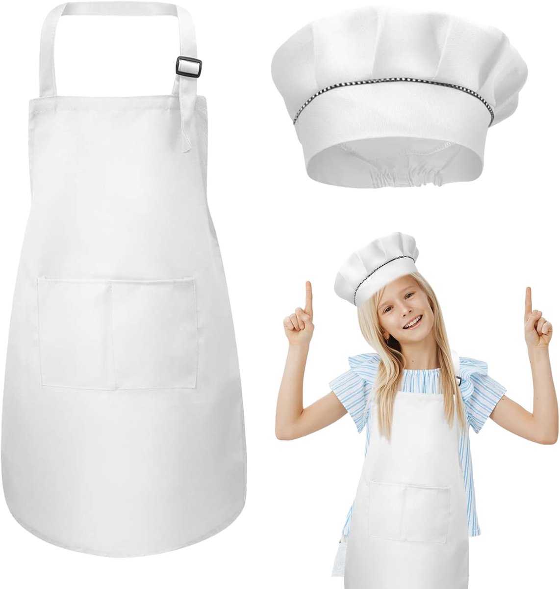 Set met schort en koksmuts voor kinderen, verstelbaar kookschort met zakken voor bakken, schilderen en knutselen, chef-kokoutfit voor jongens en meisjes (4-12 jaar oud)