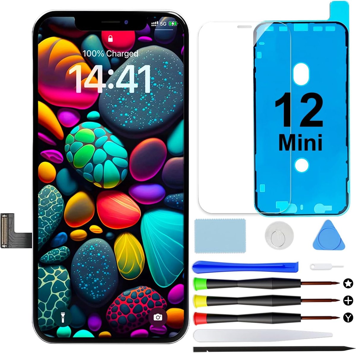 Schermvervanging voor iPhone 12 Mini, 5,4'' LCD-display voorpaneel onderdelen 3D Touch Digitizer montage met reparatiegereedschapsset en schermbeschermer